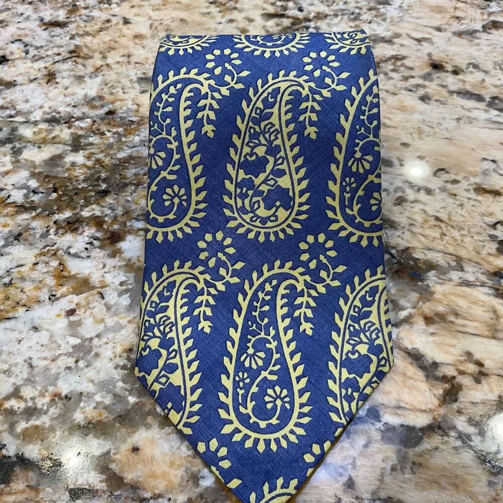 Henry Grethel Mens Large Paisley Silk Neck Tie made in the USA Blue/ Yellow 58”